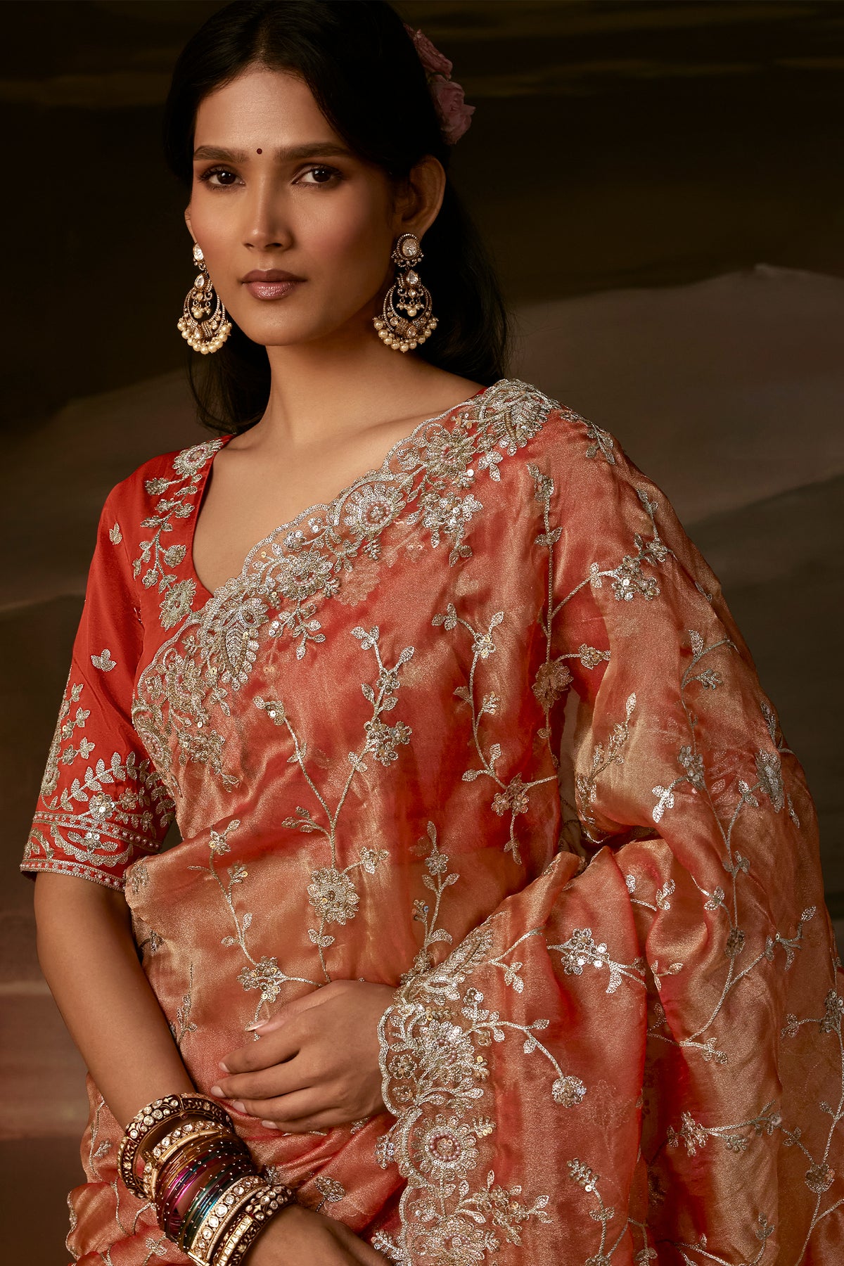 Peach Organza Saree with Gotta Patti