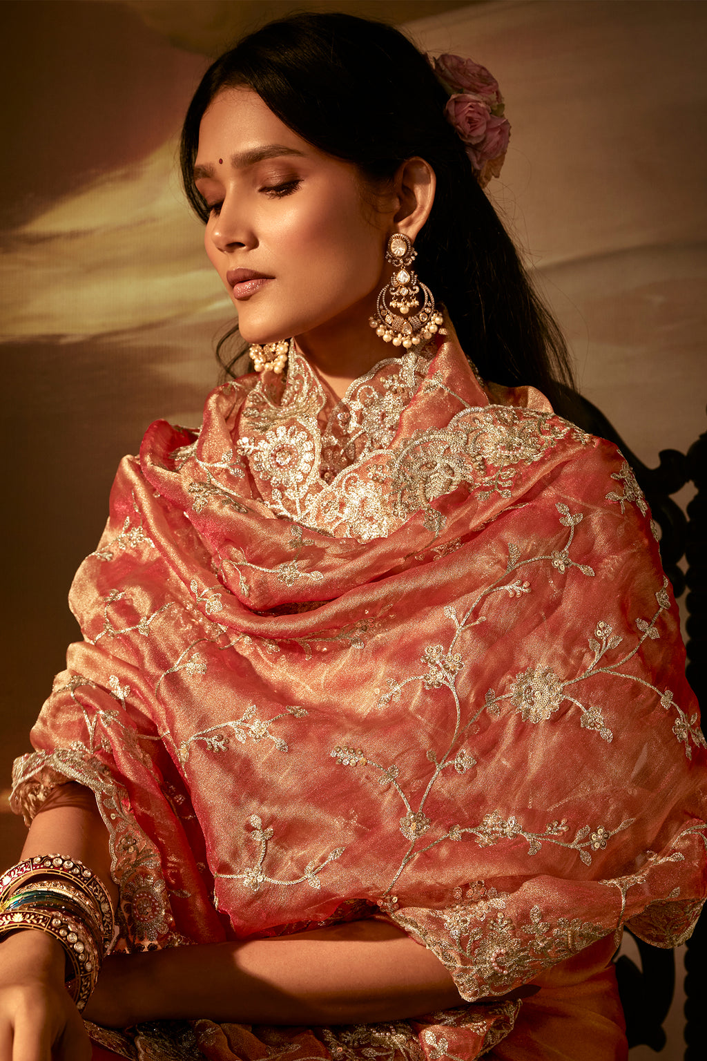 Peach Organza Saree with Gotta Patti