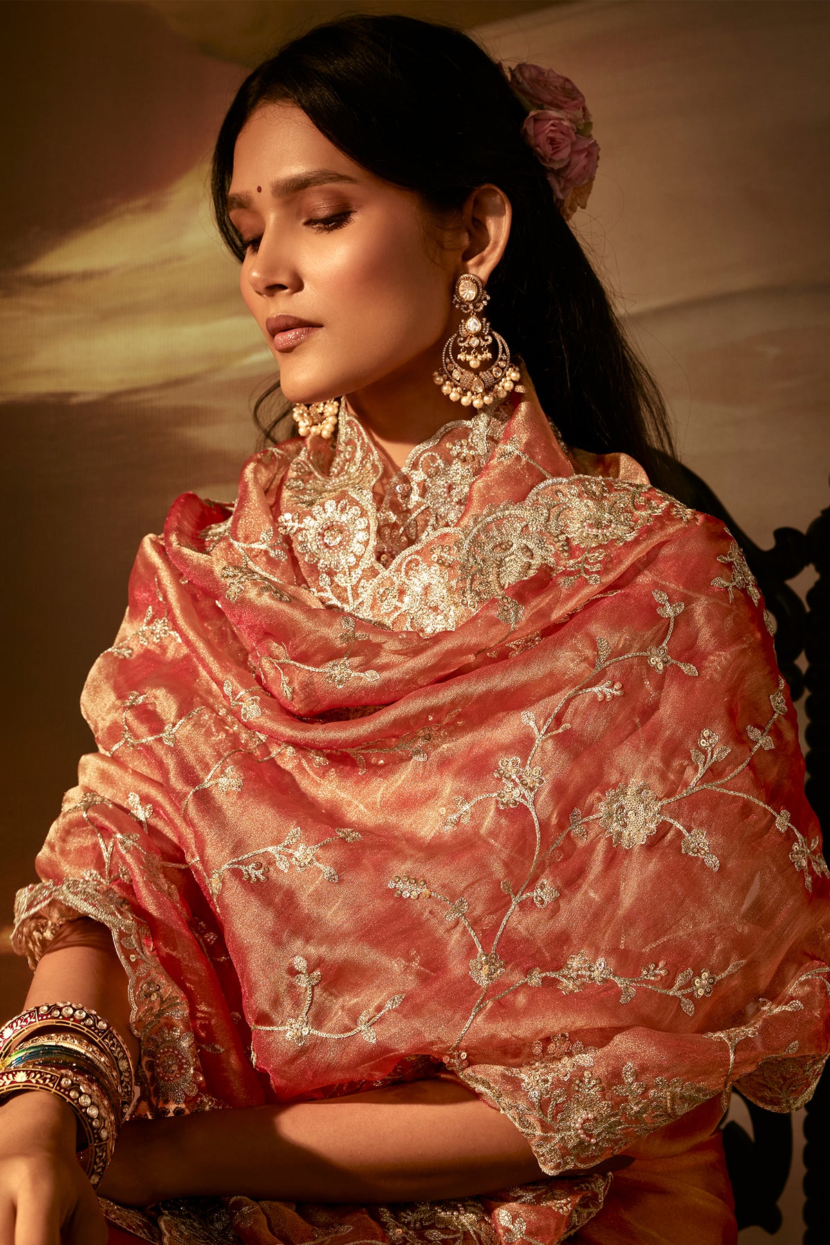 Peach Organza Saree with Gotta Patti