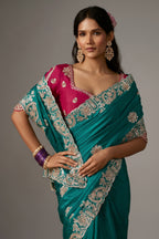 Rich Green Organza Designer Saree with Chain Stitch Work