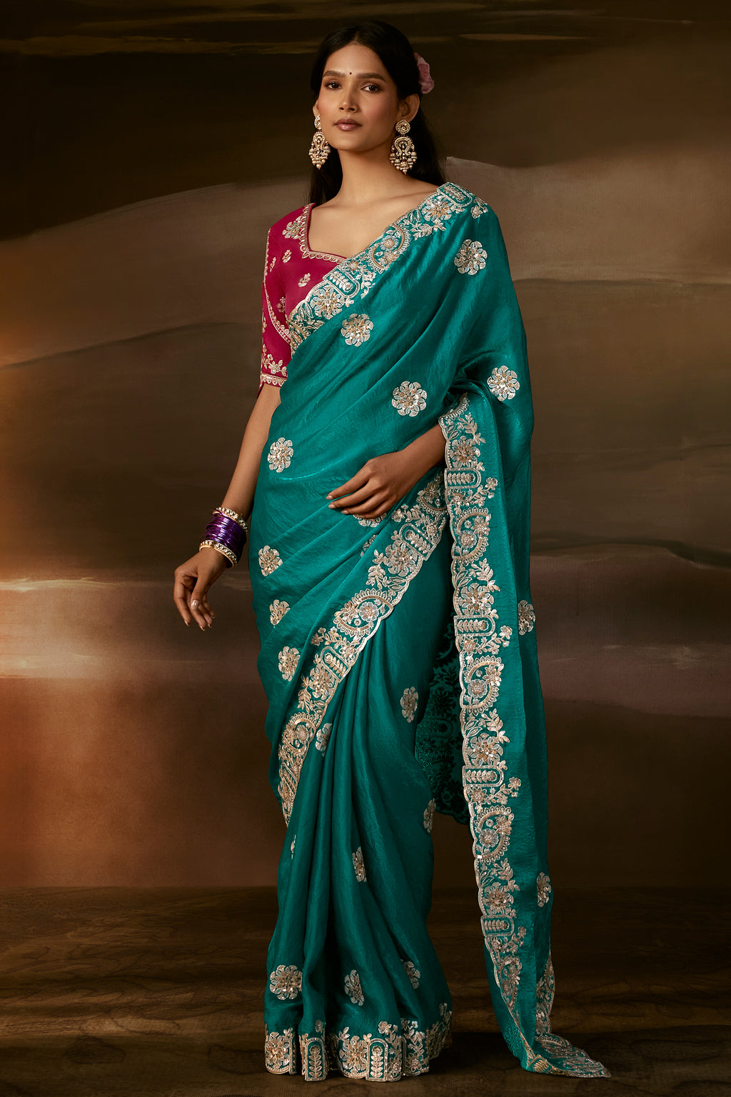 Rich Green Organza Designer Saree with Chain Stitch Work