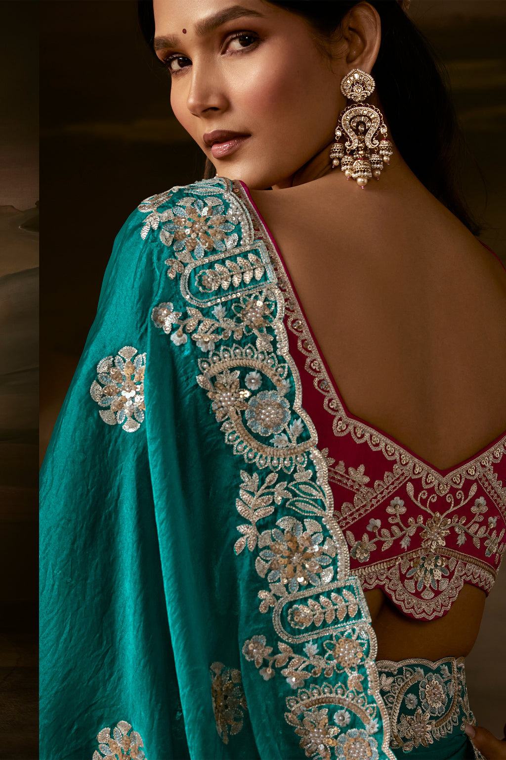 Rich Green Organza Designer Saree with Chain Stitch Work