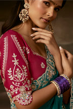 Rich Green Organza Designer Saree with Chain Stitch Work