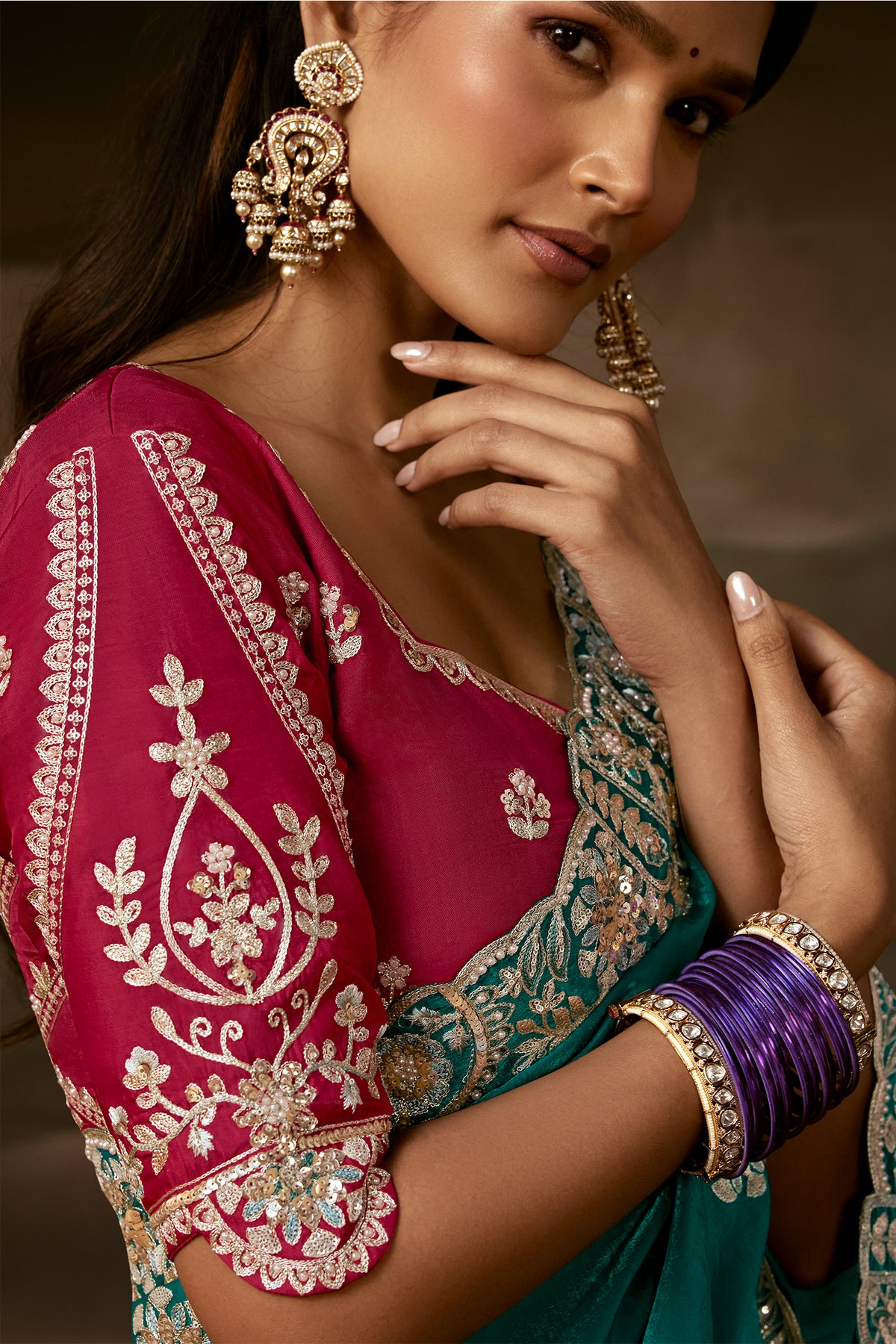 Rich Green Organza Designer Saree with Chain Stitch Work