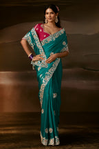 Rich Green Organza Designer Saree with Chain Stitch Work
