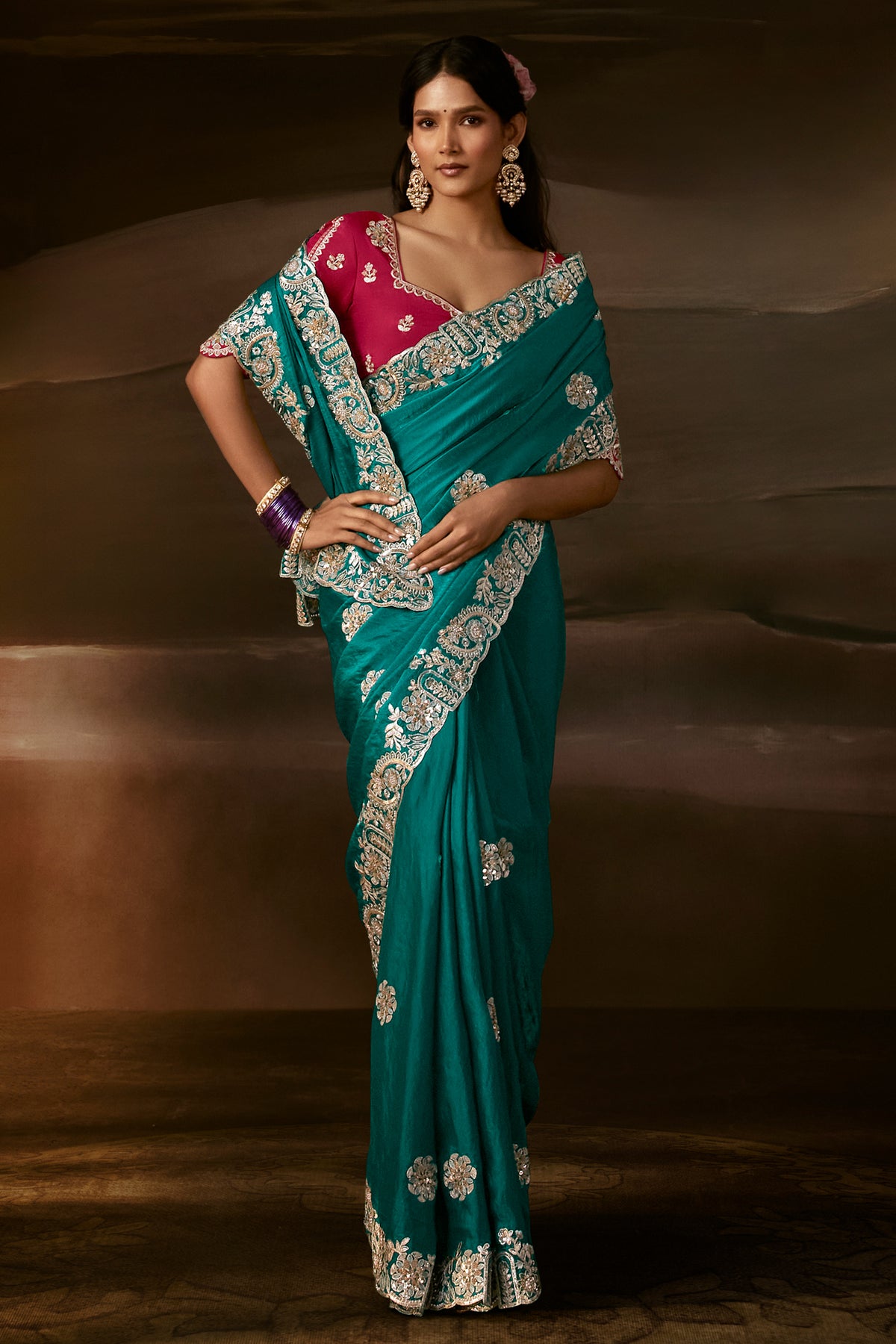 Rich Green Organza Designer Saree with Chain Stitch Work