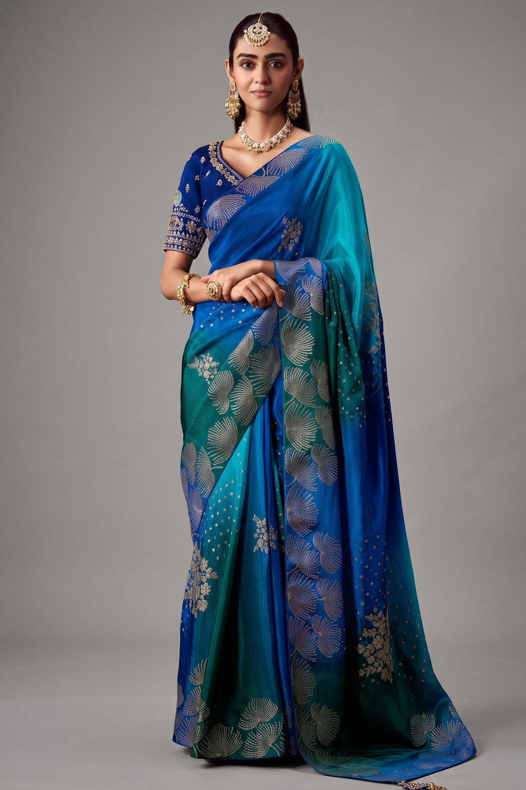 Blue Ombre Shade Dola Crape Soft Silk Woven Saree