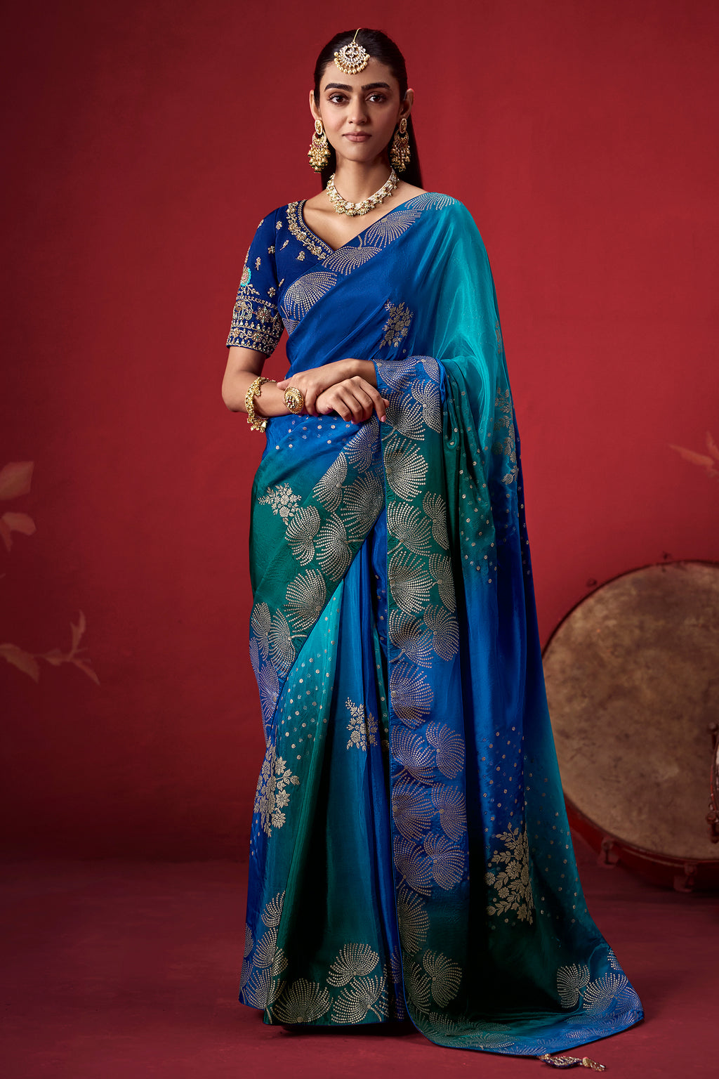 Blue Ombre Shade Dola Crape Soft Silk Woven Saree
