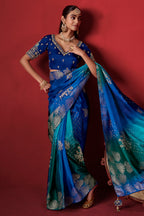 Blue Ombre Shade Dola Crape Soft Silk Woven Saree