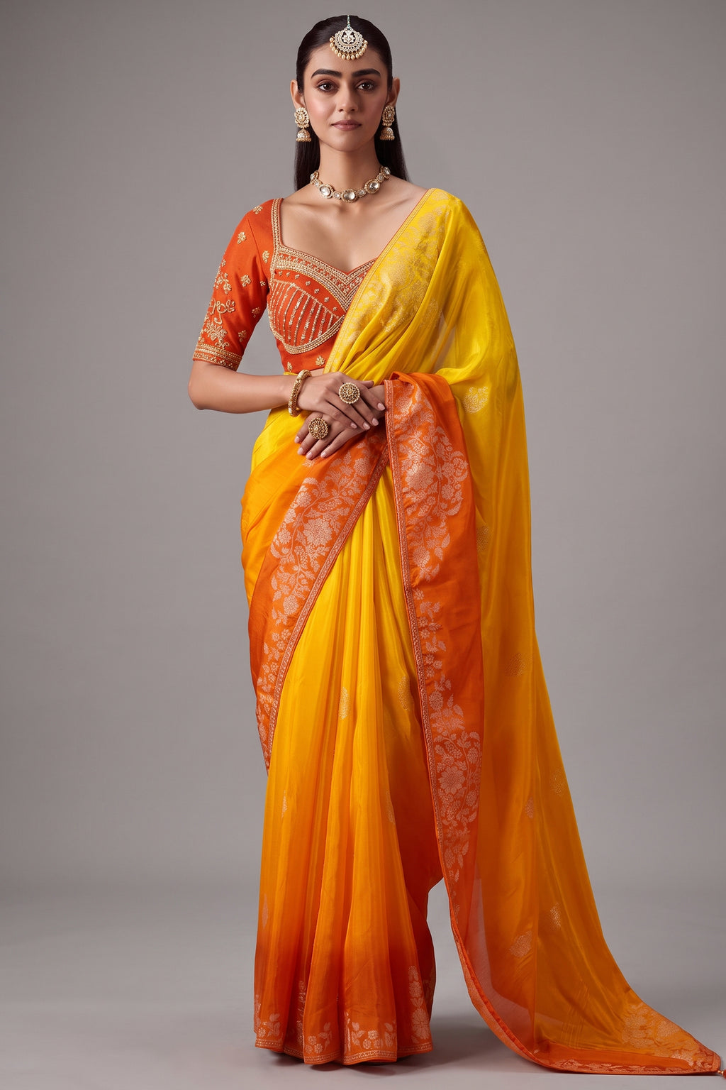 Yellow and Orange Ombre Dola Crape Soft Silk Saree with Weaving