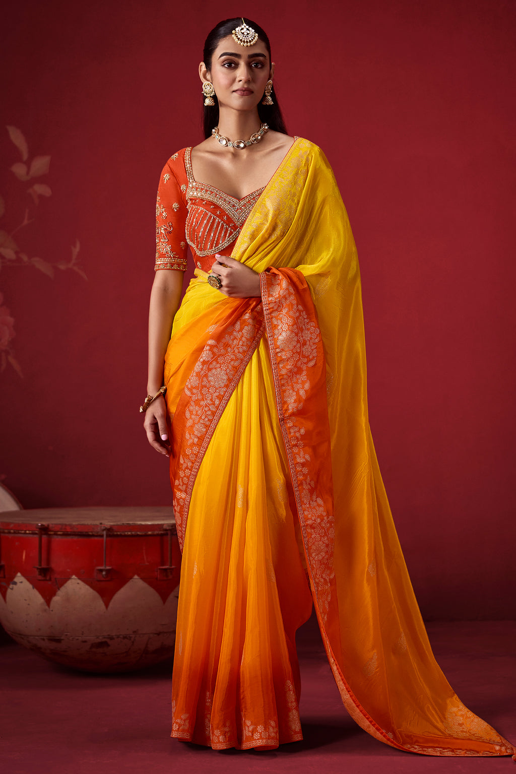 Yellow and Orange Ombre Dola Crape Soft Silk Saree with Weaving