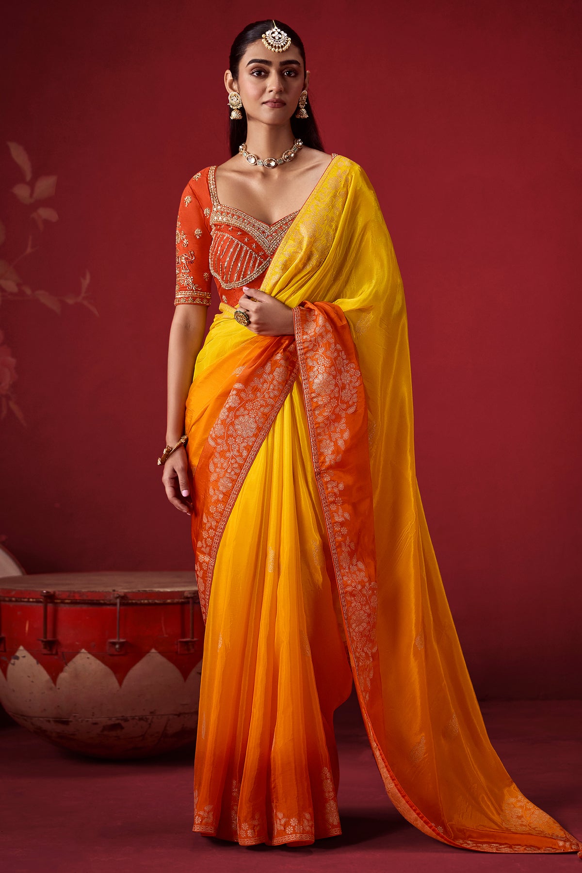 Yellow and Orange Ombre Dola Crape Soft Silk Saree with Weaving