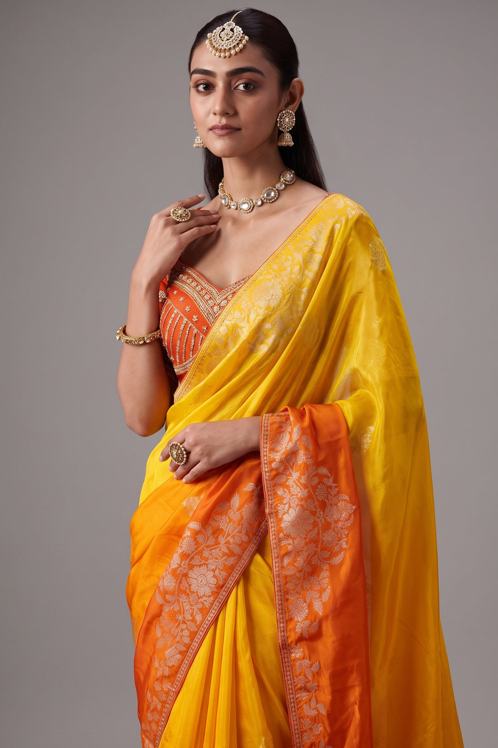 Yellow and Orange Ombre Dola Crape Soft Silk Saree with Weaving