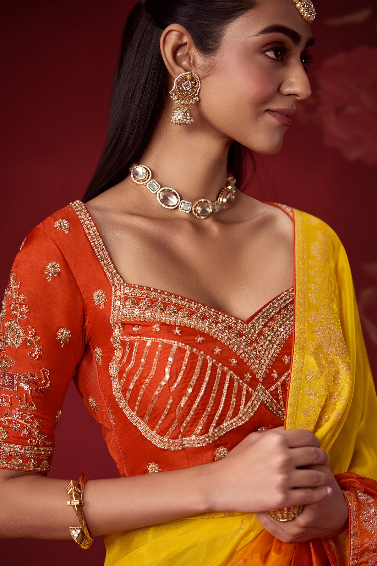 Yellow and Orange Ombre Dola Crape Soft Silk Saree with Weaving