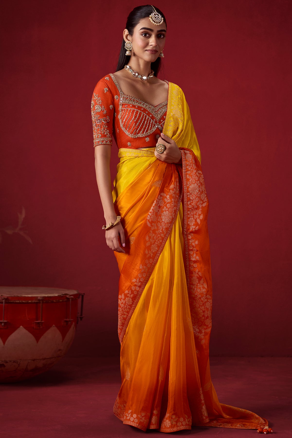 Yellow and Orange Ombre Dola Crape Soft Silk Saree with Weaving