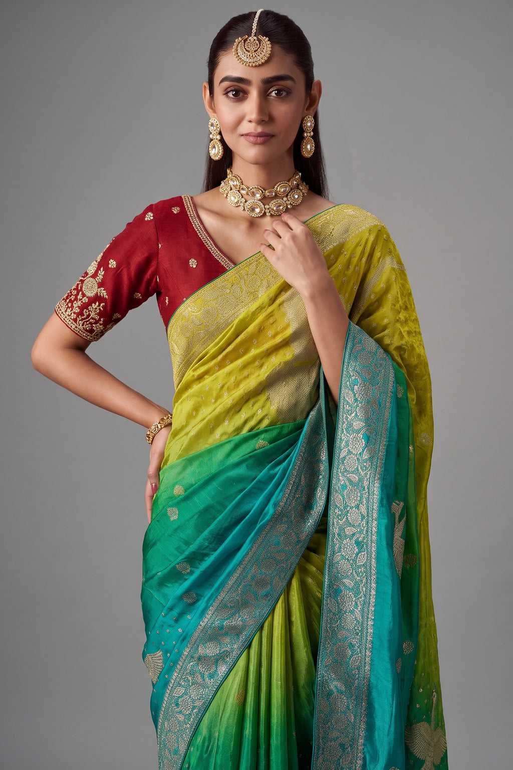 Multi Ombre Shaded Woven Dola Crape Soft Silk Saree