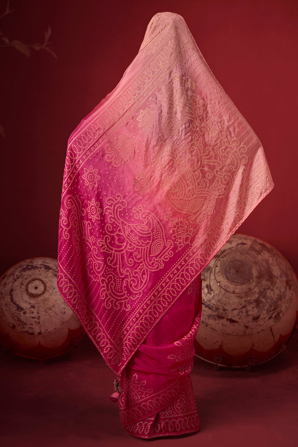 Pink Ombre Bandhej Dola Crape Soft Silk Saree