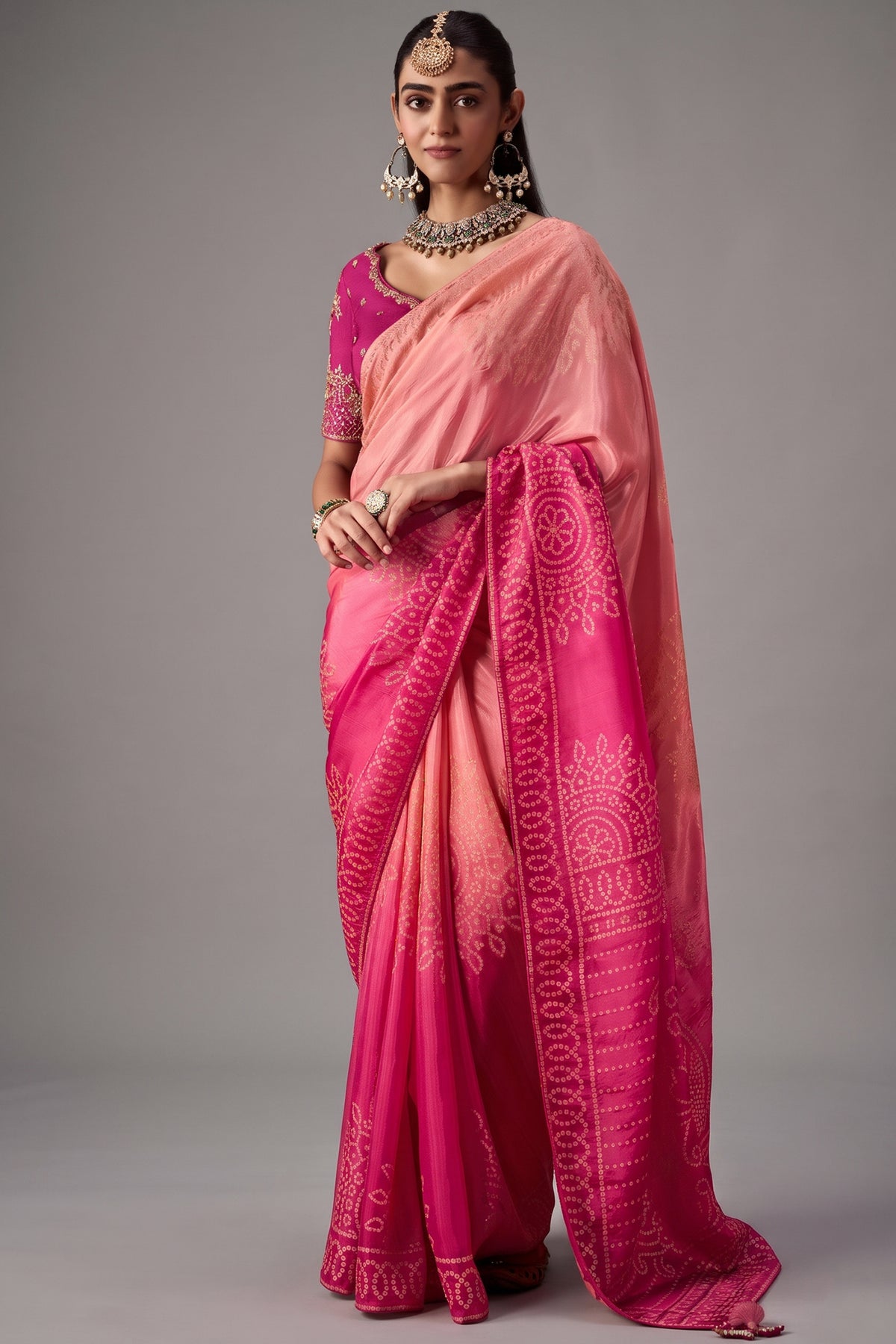 Pink Ombre Bandhej Dola Crape Soft Silk Saree
