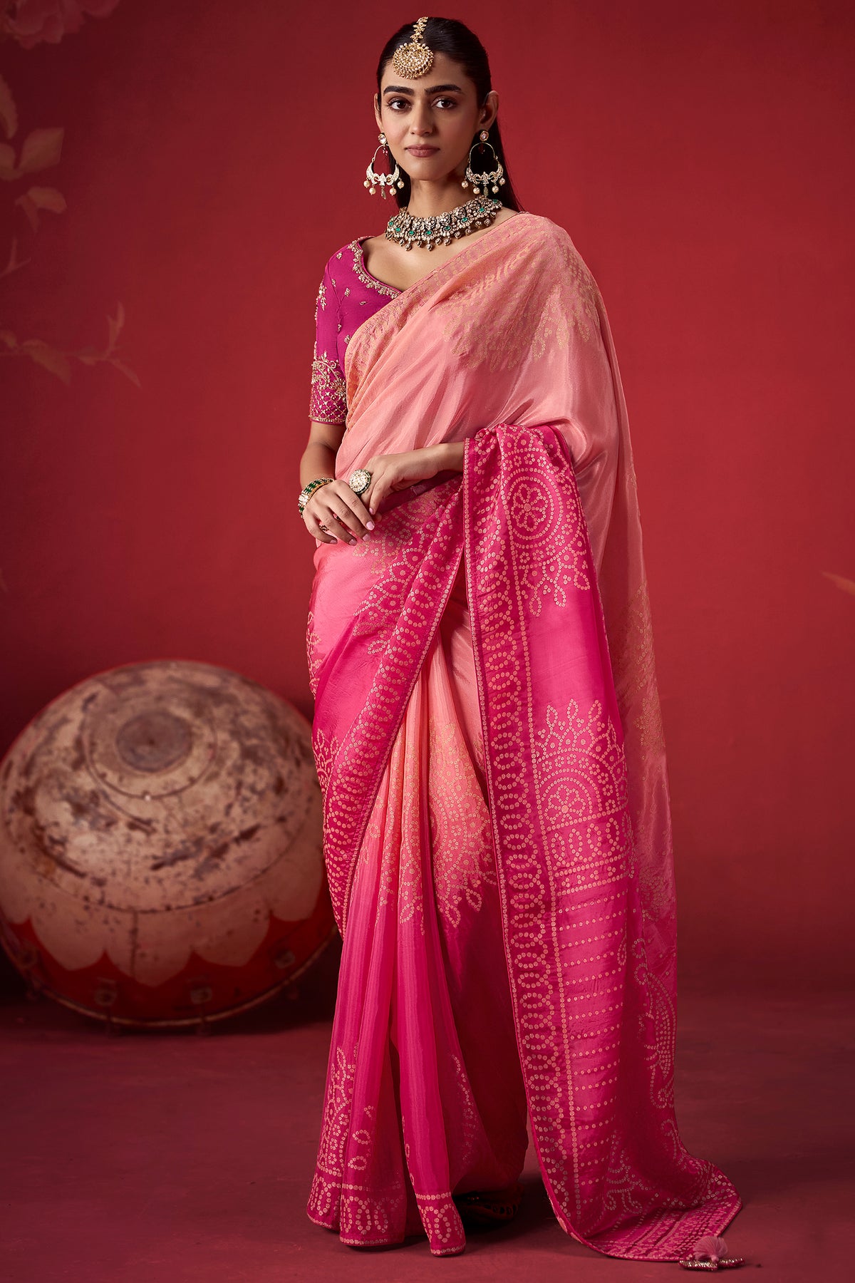 Pink Ombre Bandhej Dola Crape Soft Silk Saree