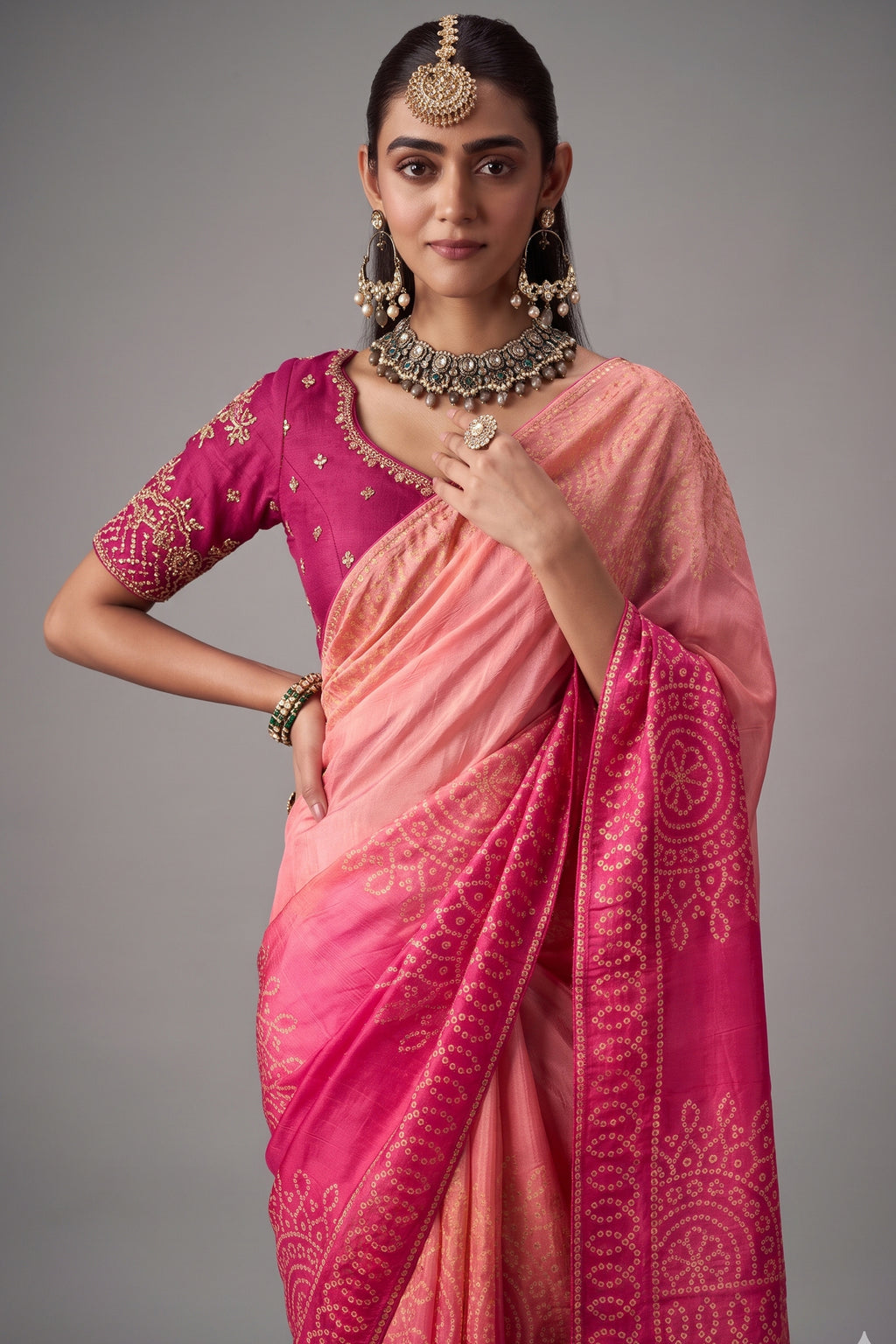 Pink Ombre Bandhej Dola Crape Soft Silk Saree