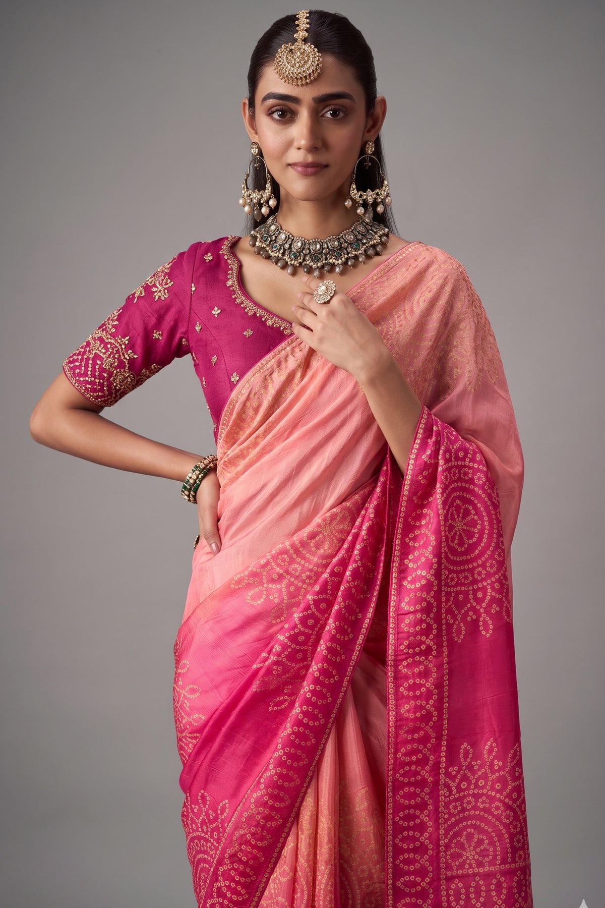 Pink Ombre Bandhej Dola Crape Soft Silk Saree