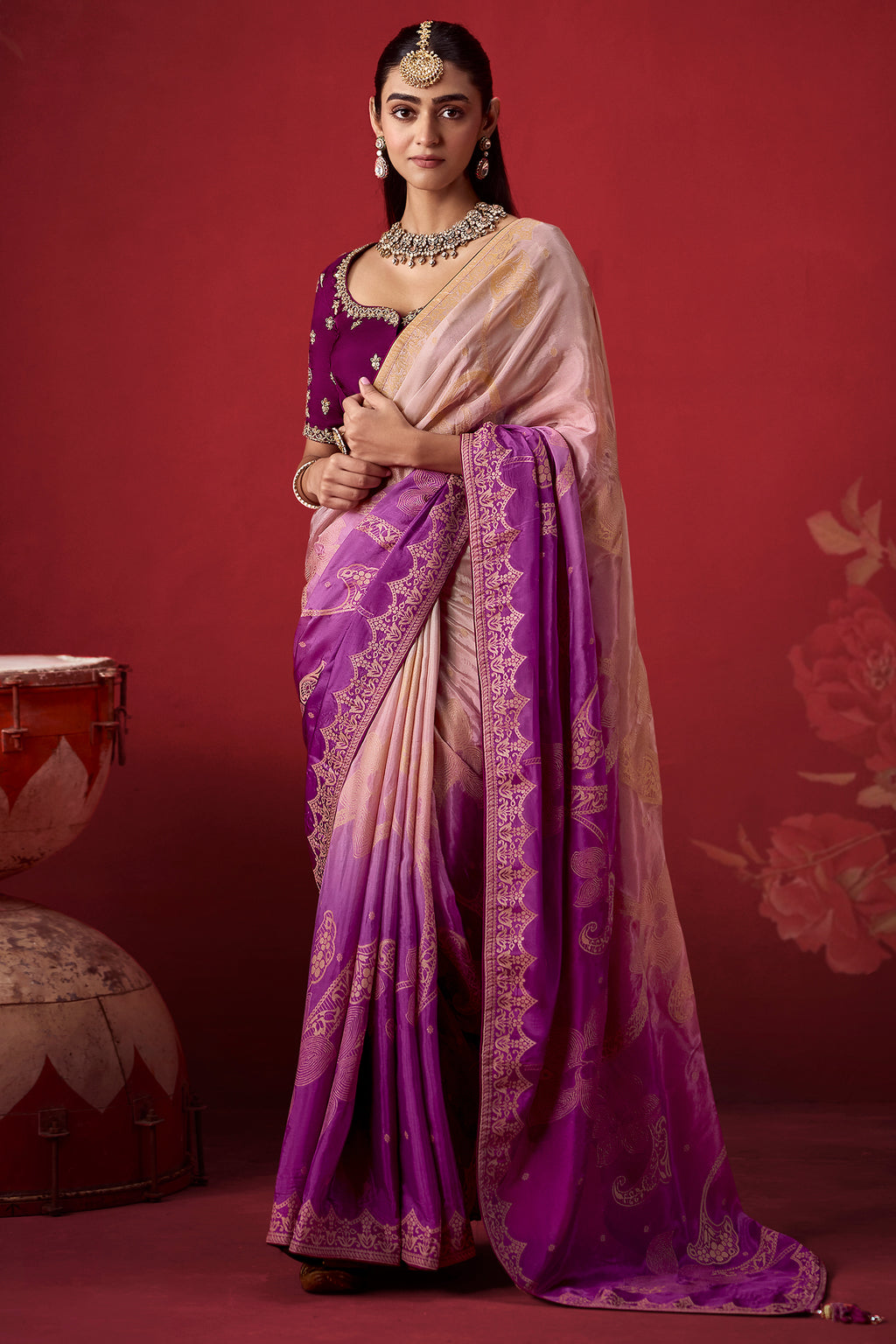 Purple Ombre Shaded Dola Crape Soft Silk Woven Saree