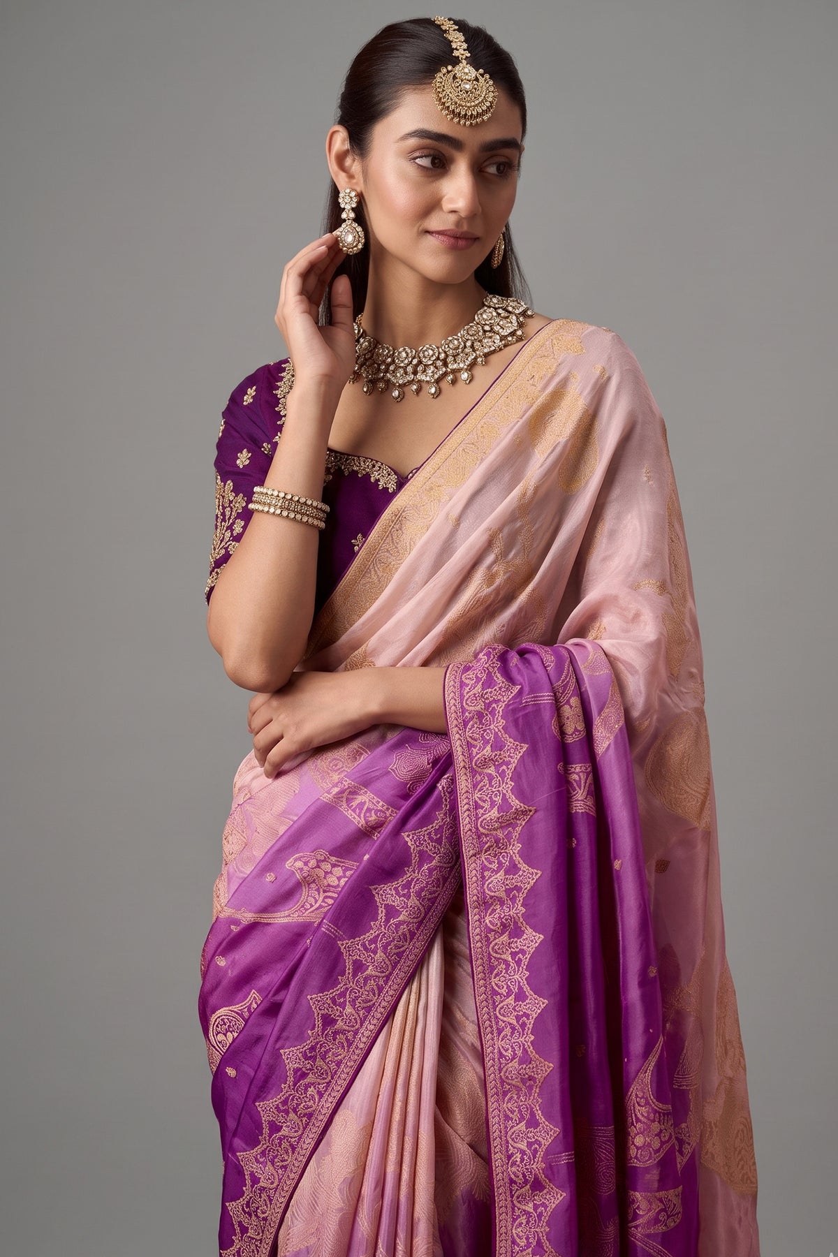 Purple Ombre Shaded Dola Crape Soft Silk Woven Saree