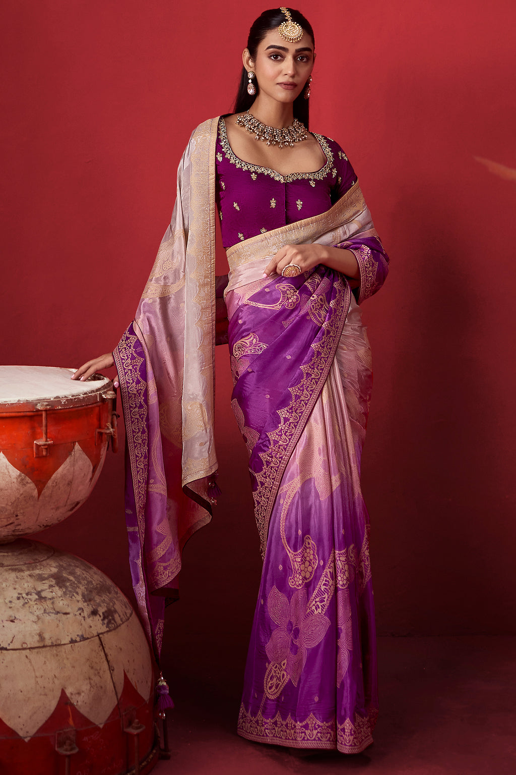 Purple Ombre Shaded Dola Crape Soft Silk Woven Saree