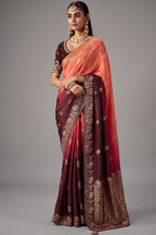 Coral Peach and Brown Ombre Dola Crape Soft Silk Woven Saree