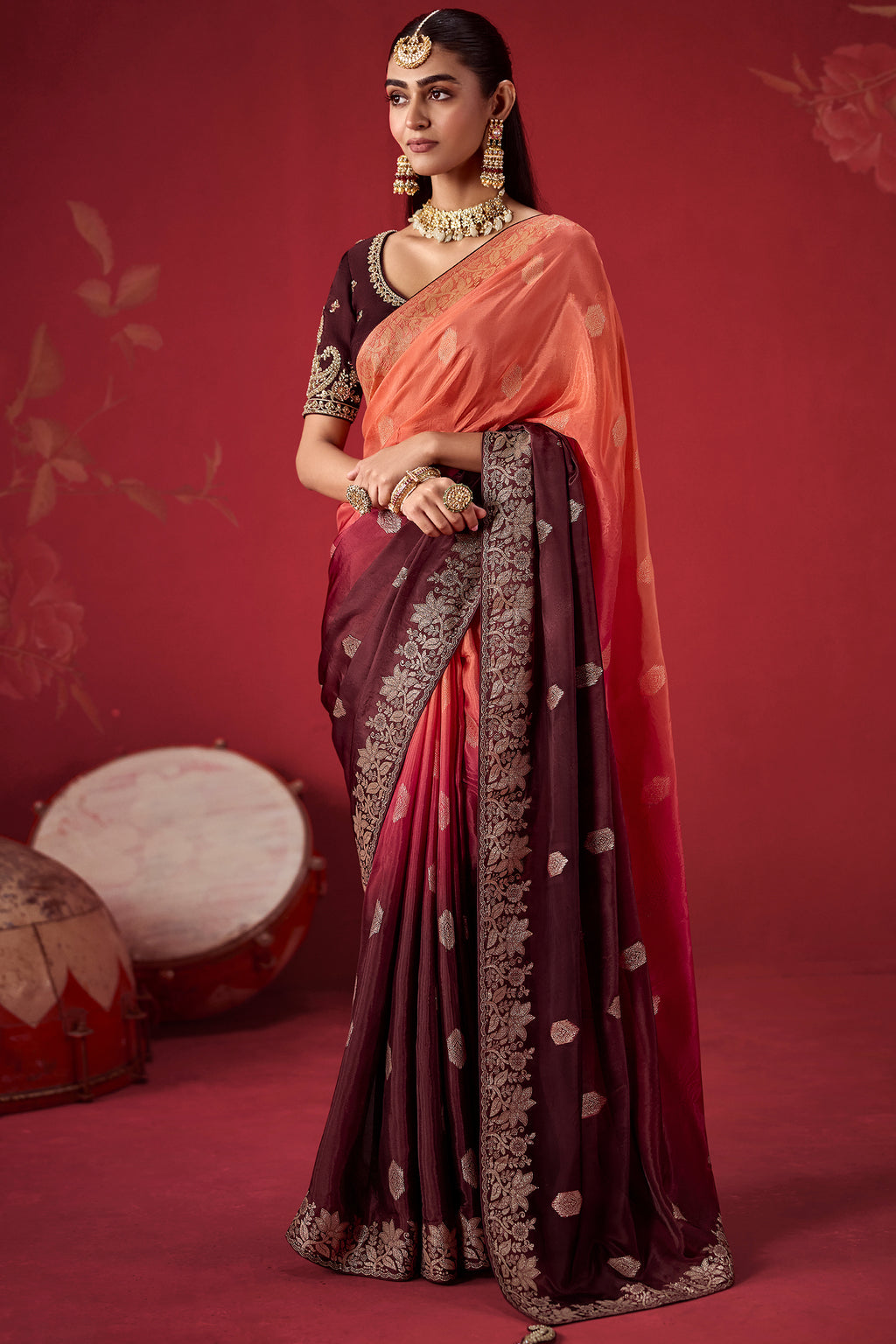 Coral Peach and Brown Ombre Dola Crape Soft Silk Woven Saree