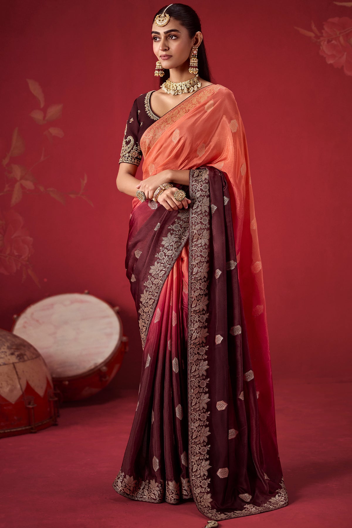 Coral Peach and Brown Ombre Dola Crape Soft Silk Woven Saree
