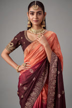Coral Peach and Brown Ombre Dola Crape Soft Silk Woven Saree