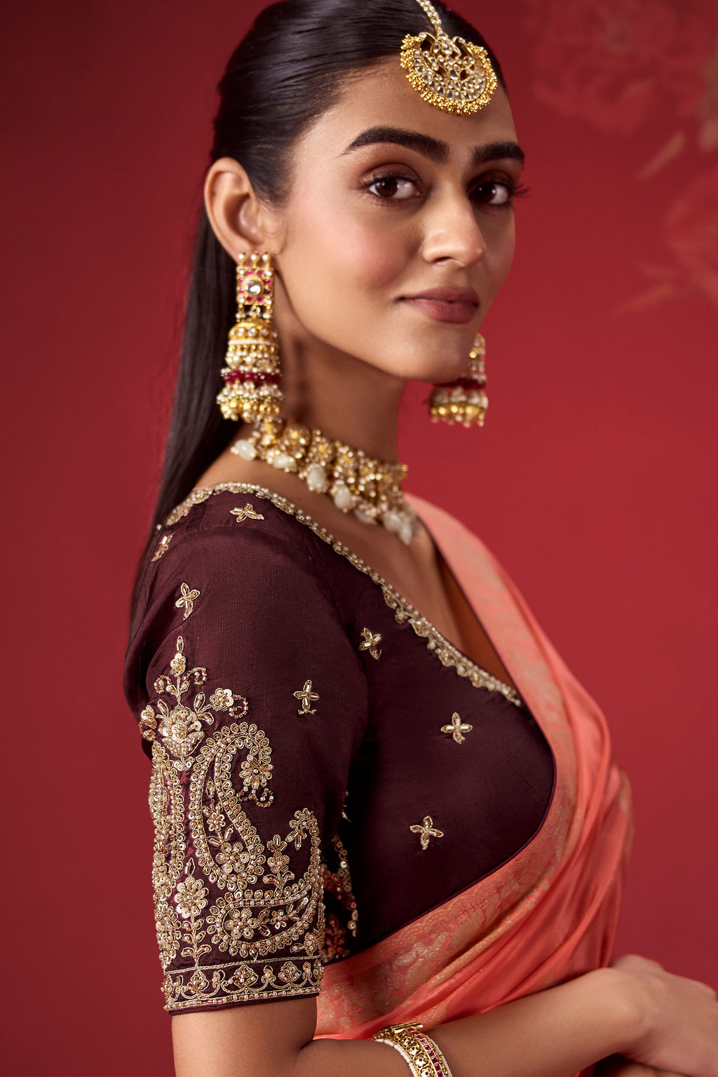 Coral Peach and Brown Ombre Dola Crape Soft Silk Woven Saree