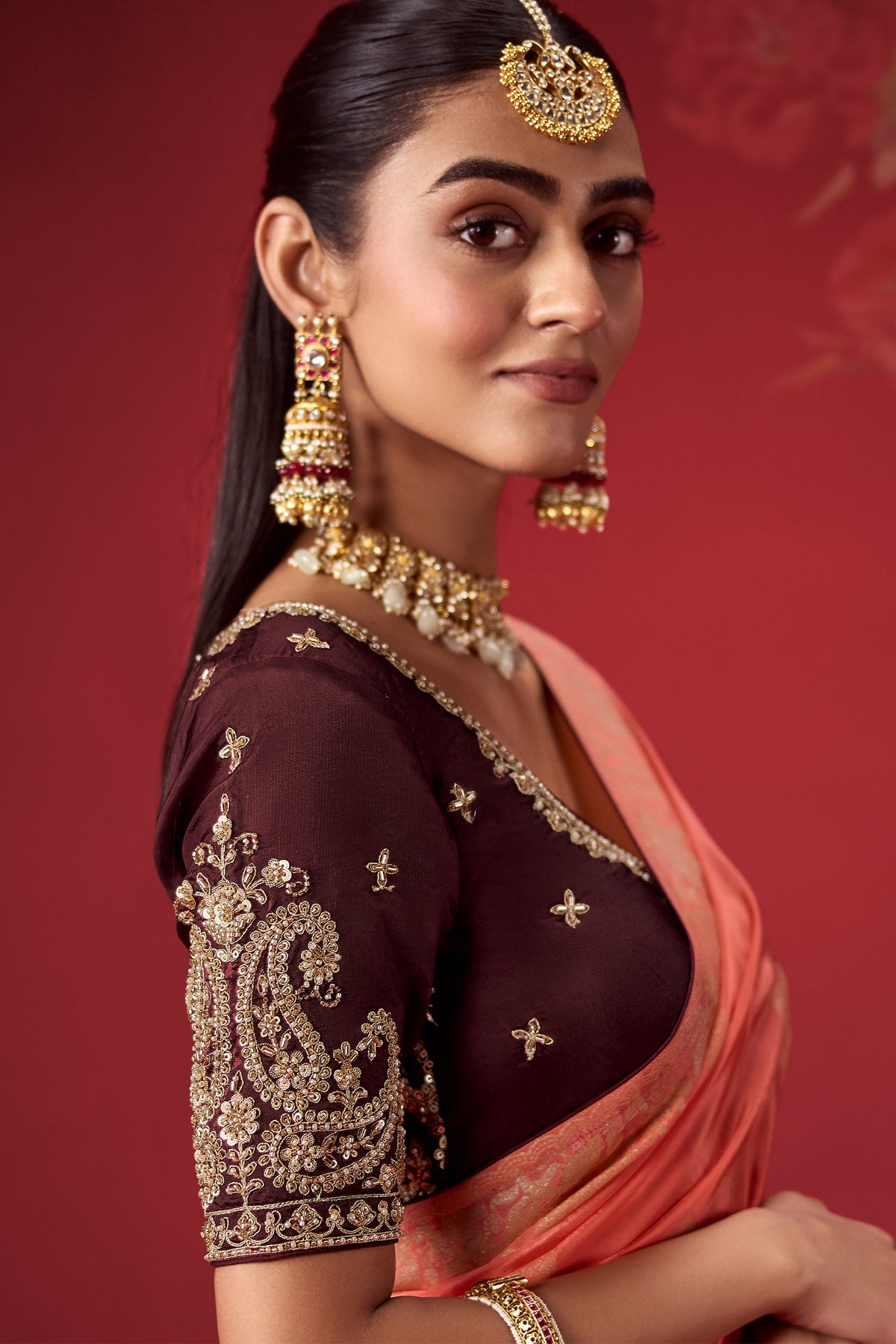 Coral Peach and Brown Ombre Dola Crape Soft Silk Woven Saree