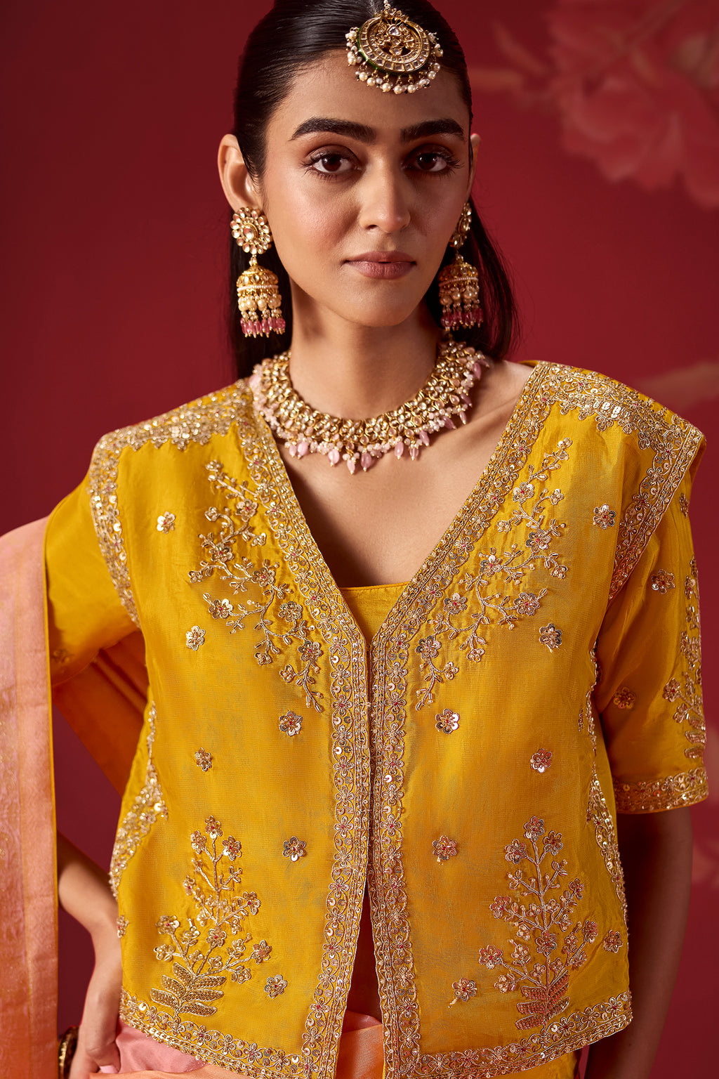 Baby Pink and Yellow Ombre Woven Saree in Dola Crape Soft Silk