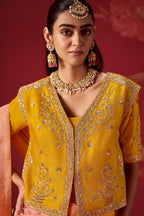 Baby Pink and Yellow Ombre Woven Saree in Dola Crape Soft Silk