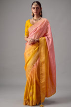 Baby Pink and Yellow Ombre Woven Saree in Dola Crape Soft Silk
