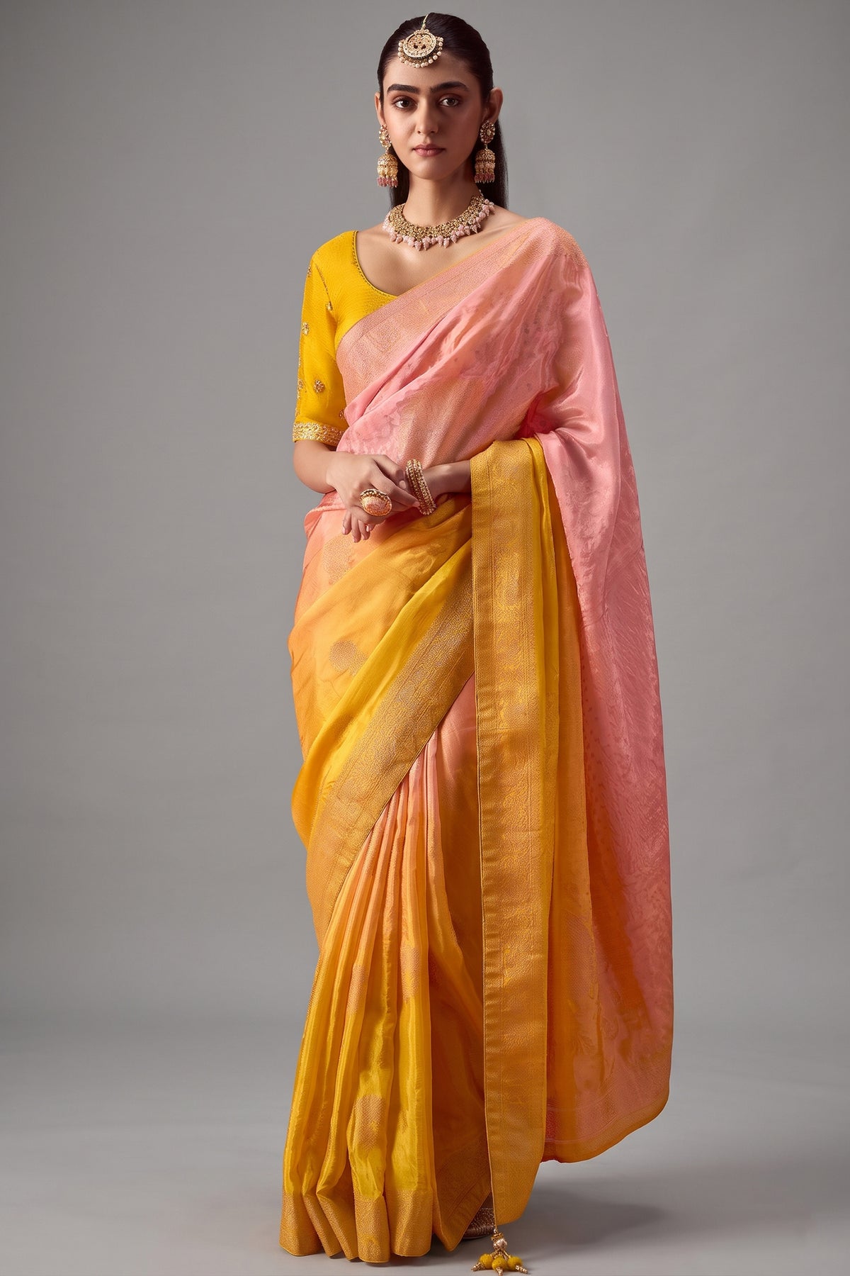Baby Pink and Yellow Ombre Woven Saree in Dola Crape Soft Silk