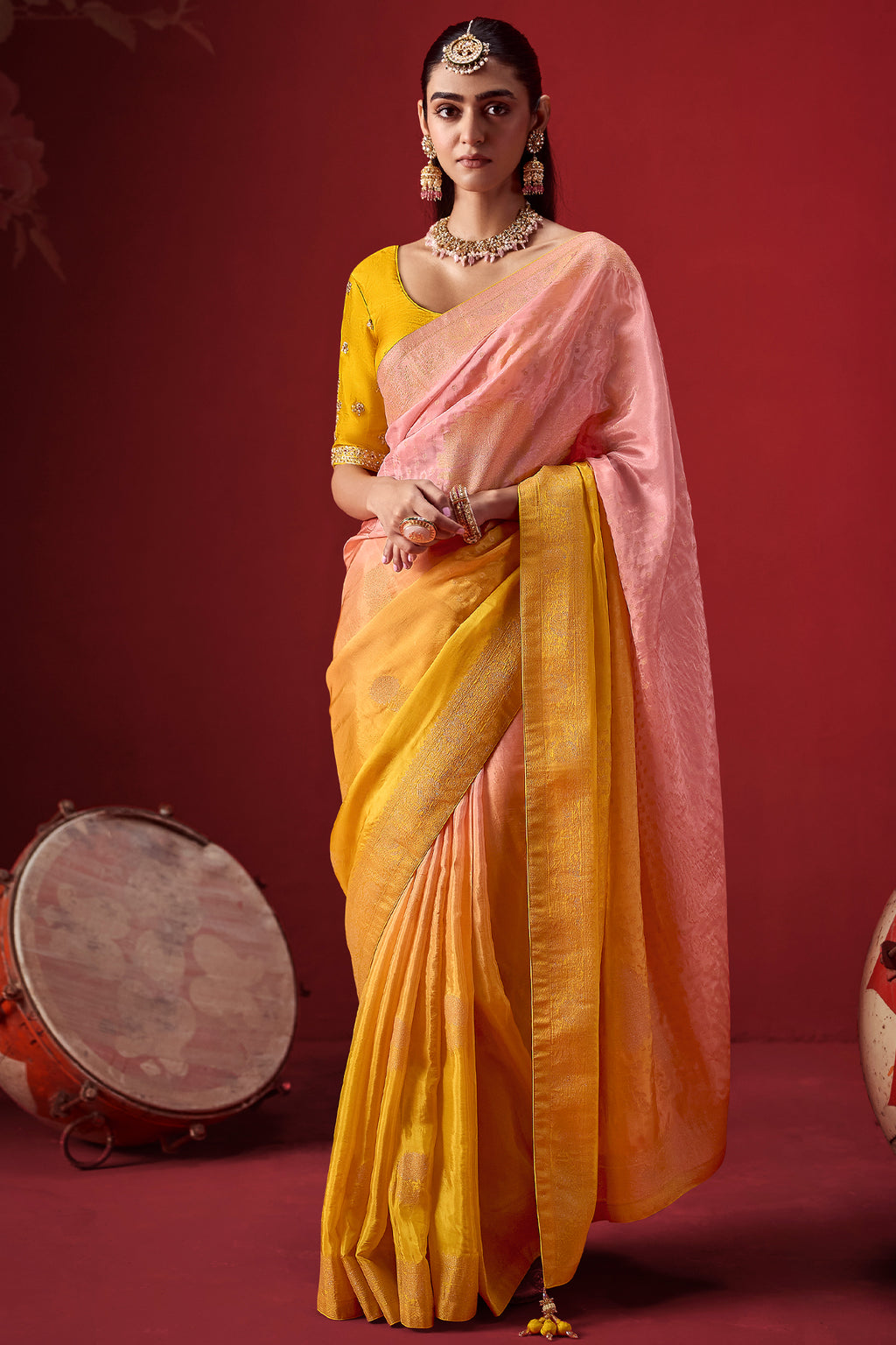 Baby Pink and Yellow Ombre Woven Saree in Dola Crape Soft Silk