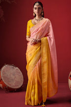 Baby Pink and Yellow Ombre Woven Saree in Dola Crape Soft Silk