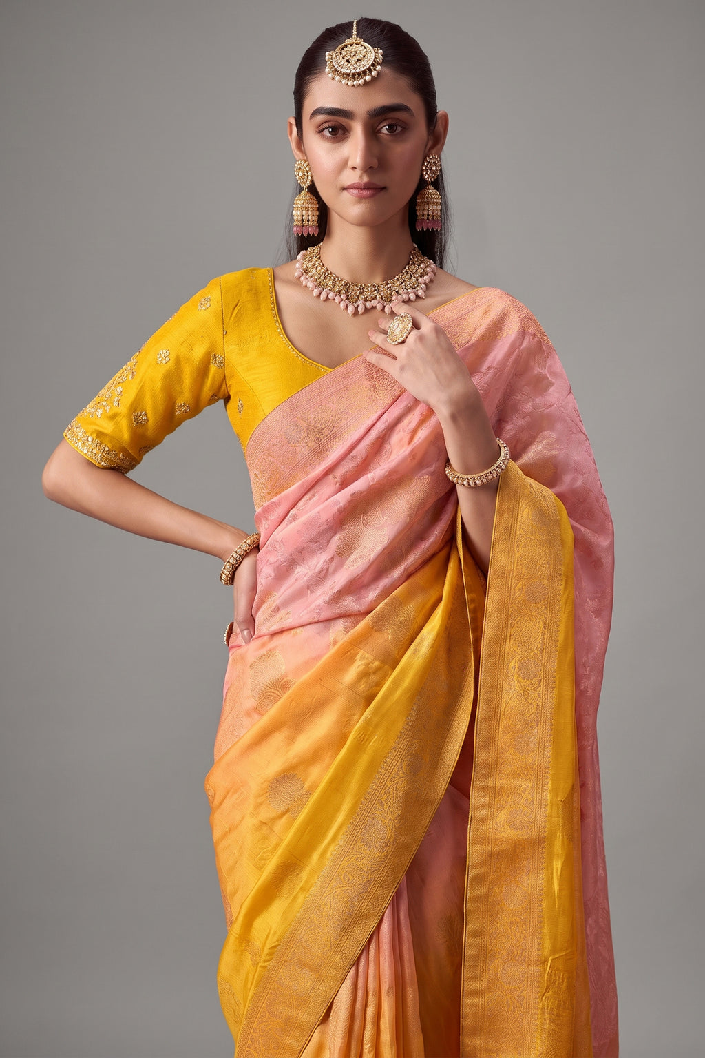 Baby Pink and Yellow Ombre Woven Saree in Dola Crape Soft Silk