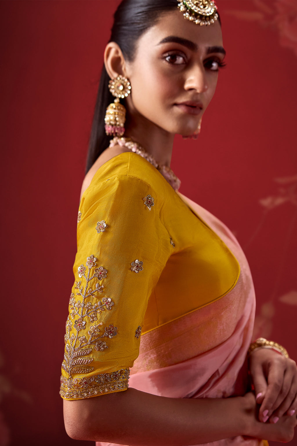 Baby Pink and Yellow Ombre Woven Saree in Dola Crape Soft Silk