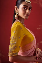 Baby Pink and Yellow Ombre Woven Saree in Dola Crape Soft Silk