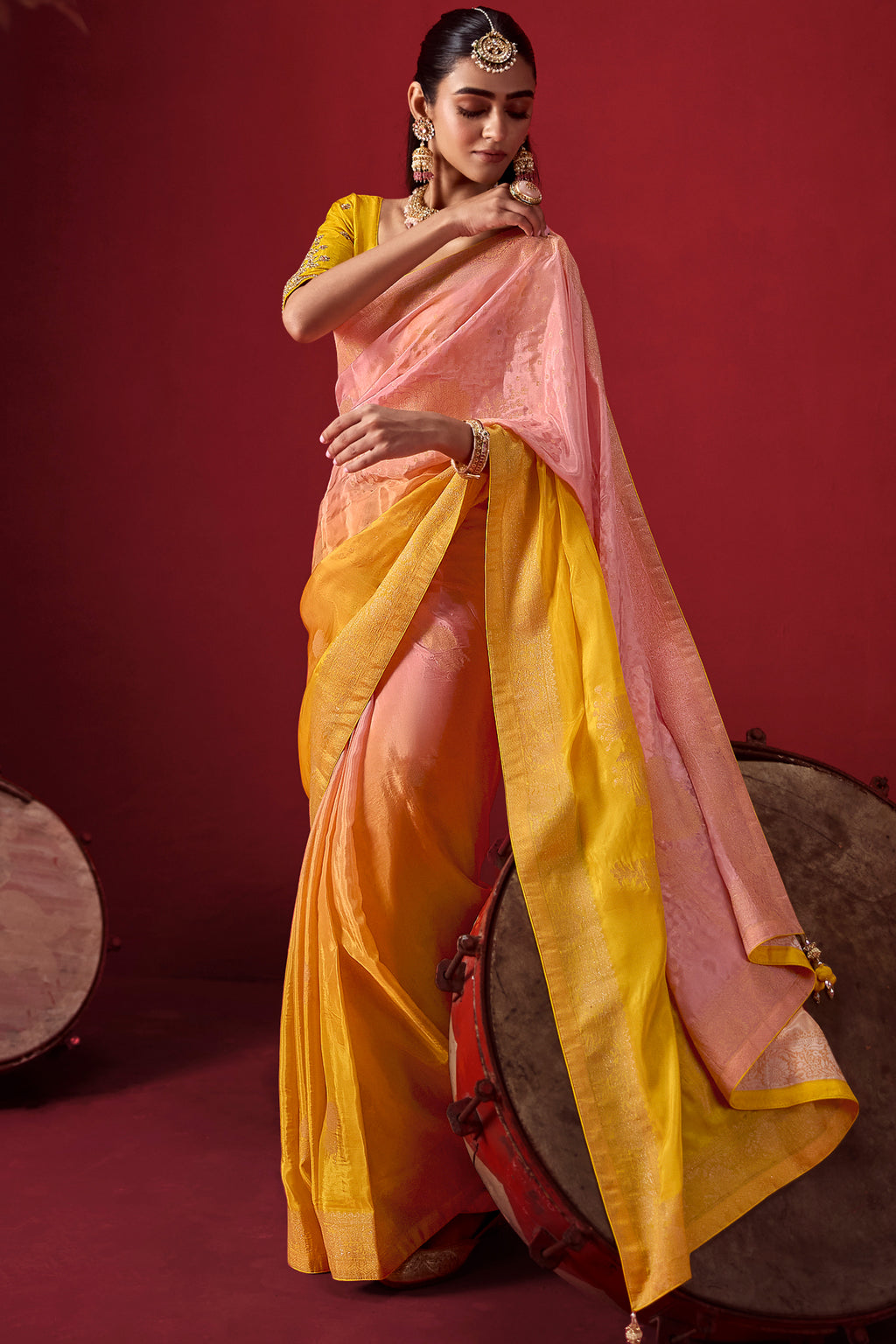 Baby Pink and Yellow Ombre Woven Saree in Dola Crape Soft Silk