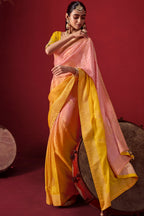 Baby Pink and Yellow Ombre Woven Saree in Dola Crape Soft Silk
