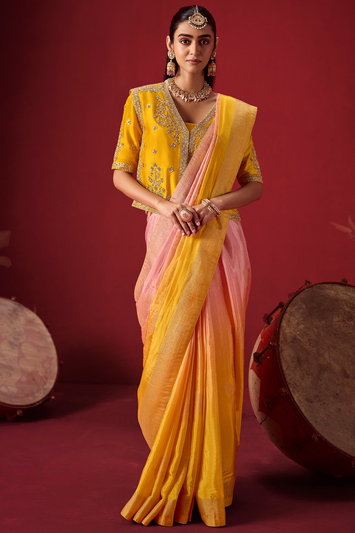 Baby Pink and Yellow Ombre Woven Saree in Dola Crape Soft Silk