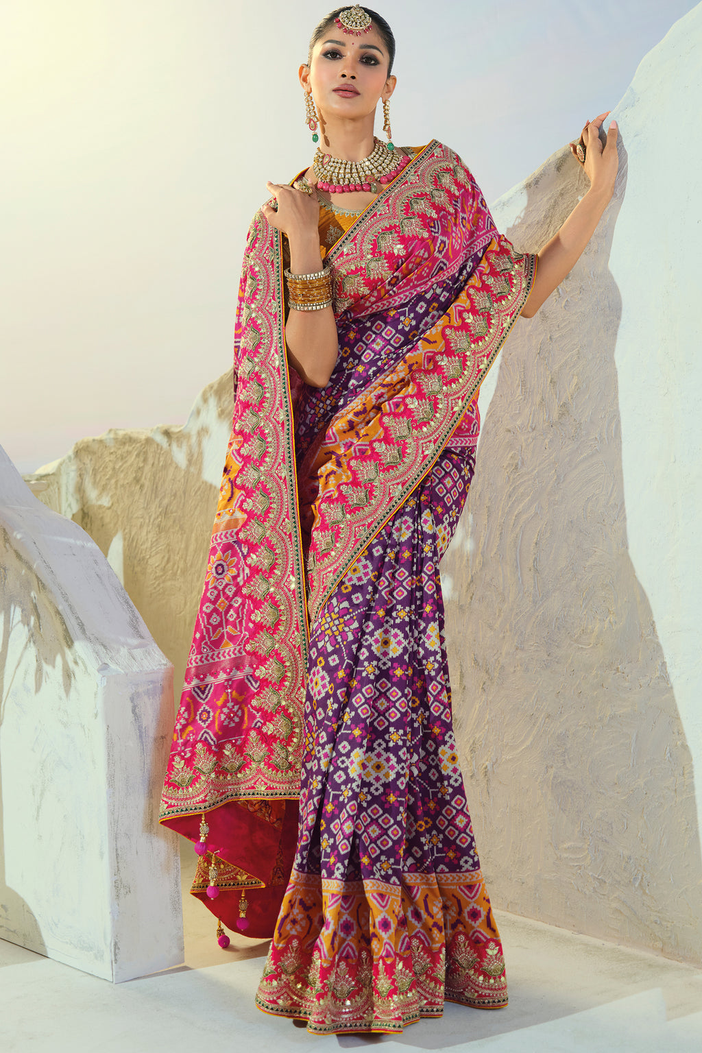 Purple Silk Traditional Patola Saree with Contrast Embroidered Border