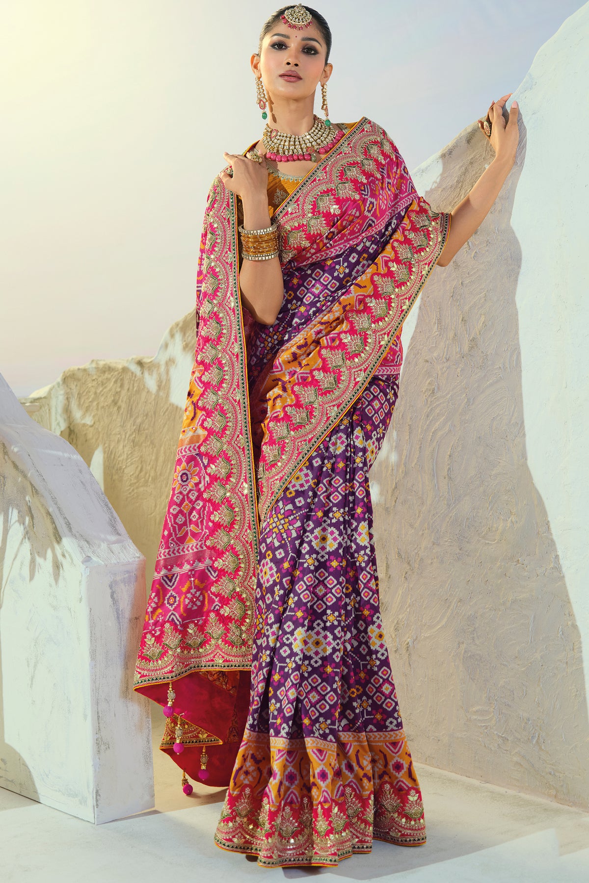 Purple Silk Traditional Patola Saree with Contrast Embroidered Border