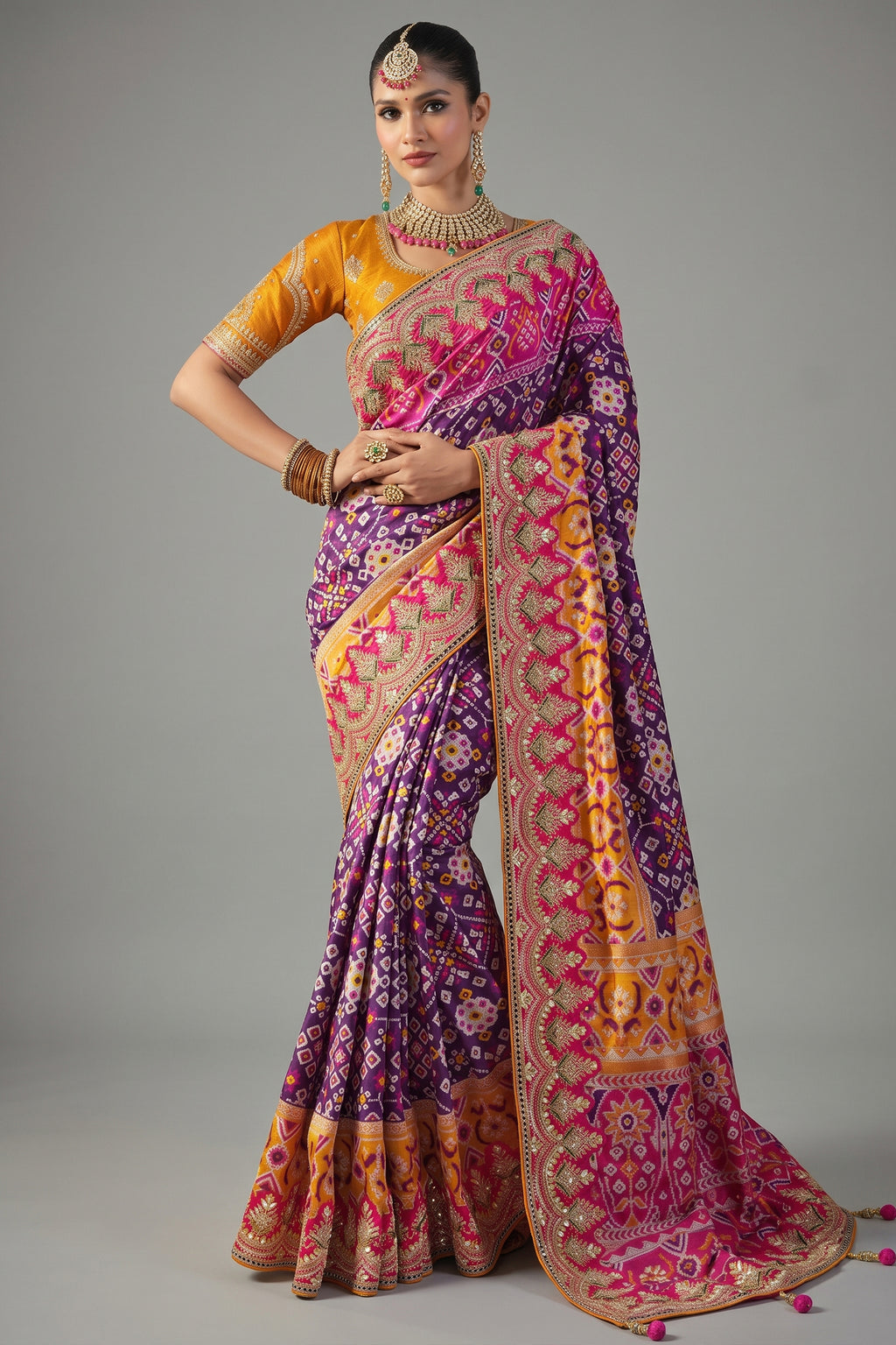 Purple Silk Traditional Patola Saree with Contrast Embroidered Border