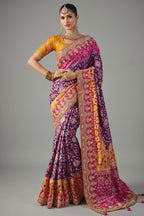 Purple Silk Traditional Patola Saree with Contrast Embroidered Border